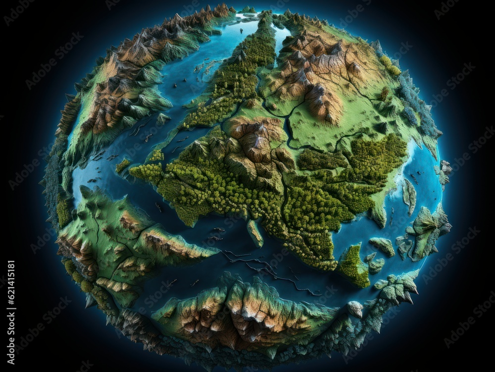 Fototapeta premium 3d animated globe earth, mountains, trees, vegetation, rivers, topography, ultra detailed, black background