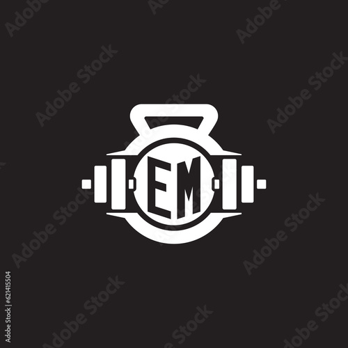 Initial EM logo design ideas with simple dumbbell and kettlebell icon