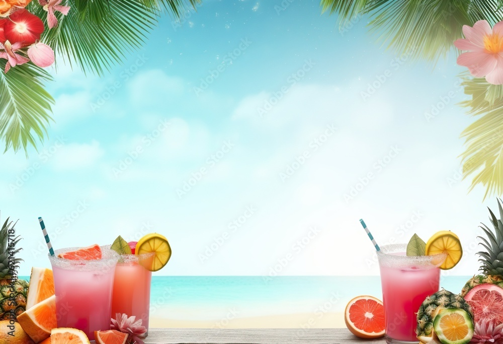 Tropical cocktails in beach decorations banner - obrazy, fototapety, plakaty 