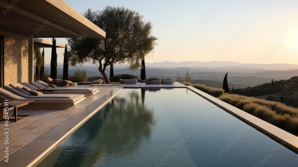 Infinity pool that appears to merge with the horizon, offering stunning views of the Italian countryside. Include a sun deck and a poolside bar for ultimate relaxation