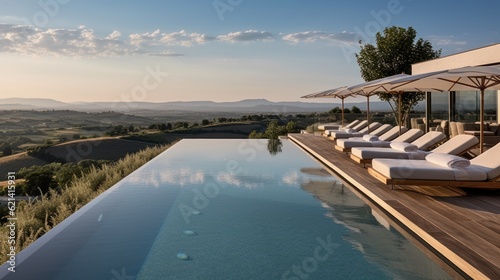 Infinity pool that appears to merge with the horizon  offering stunning views of the Italian countryside. Include a sun deck and a poolside bar for ultimate relaxation