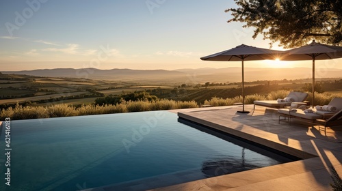 Infinity pool that appears to merge with the horizon  offering stunning views of the Italian countryside. Include a sun deck and a poolside bar for ultimate relaxation