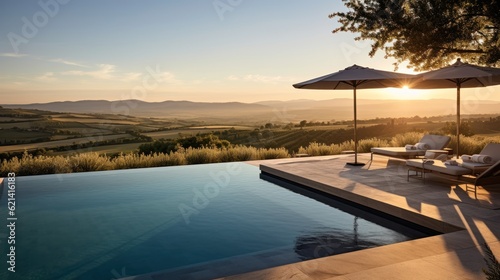 Infinity pool that appears to merge with the horizon, offering stunning views of the Italian countryside. Include a sun deck and a poolside bar for ultimate relaxation © Damian Sobczyk