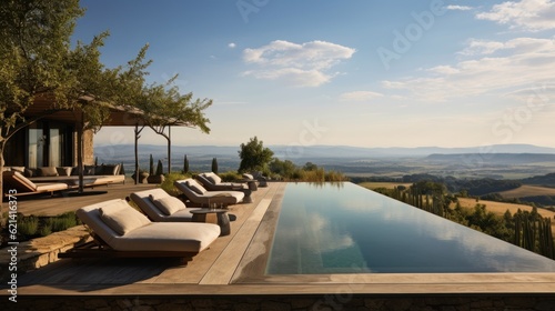 Infinity pool that appears to merge with the horizon  offering stunning views of the Italian countryside. Include a sun deck and a poolside bar for ultimate relaxation