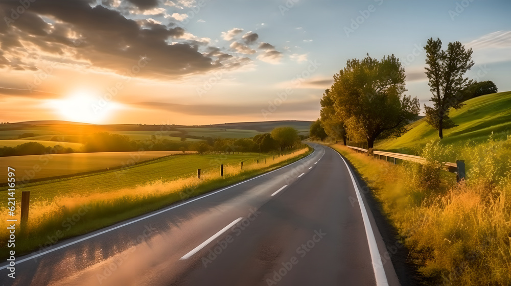 scenic winding country road through green farmland in Hill Country. Sun Sunshine In Sunset Bright Sky. Agricultural And Weather Forecast Concept