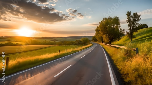 scenic winding country road through green farmland in Hill Country. Sun Sunshine In Sunset Bright Sky. Agricultural And Weather Forecast Concept