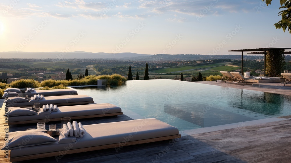 Infinity pool that appears to merge with the horizon, offering stunning views of the Italian countryside. Include a sun deck and a poolside bar for ultimate relaxation