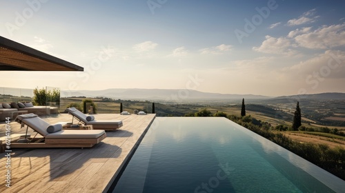 Infinity pool that appears to merge with the horizon, offering stunning views of the Italian countryside. Include a sun deck and a poolside bar for ultimate relaxation