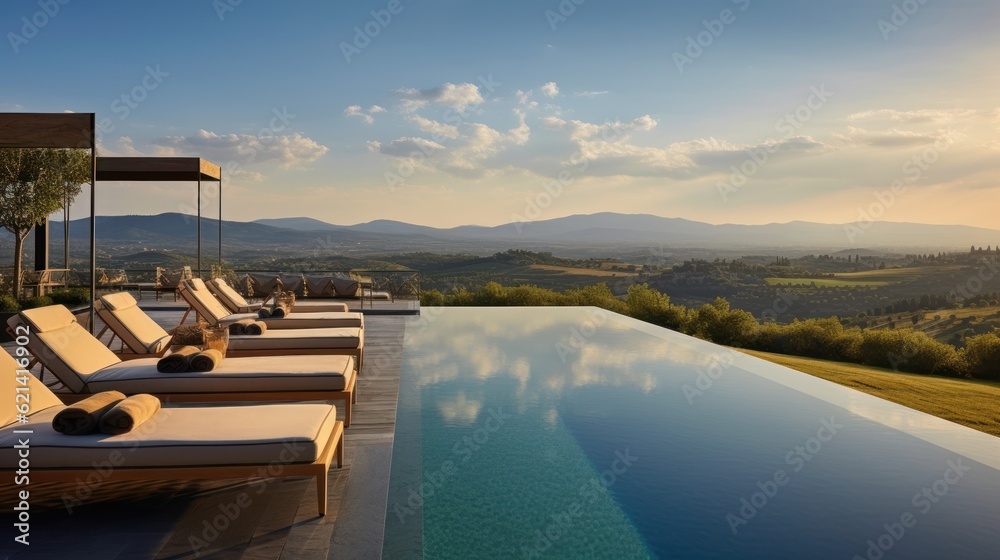 Fototapeta premium Infinity pool that appears to merge with the horizon, offering stunning views of the Italian countryside. Include a sun deck and a poolside bar for ultimate relaxation
