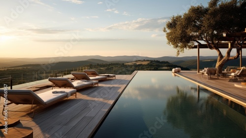Infinity pool that appears to merge with the horizon, offering stunning views of the Italian countryside. Include a sun deck and a poolside bar for ultimate relaxation © Damian Sobczyk