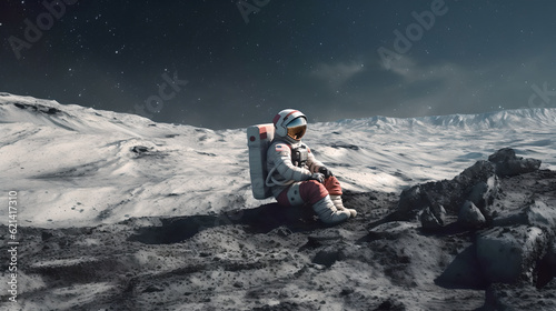 Astronaut sits on a Moon surface, Astronaut Relaxing on the Moon, illustration for product presentation template, copy space
