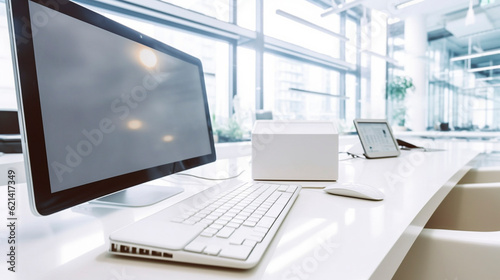 パソコンのあるオフィス風景　無人　AI生成画像　ジェネレーティブAI
