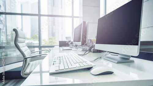 パソコンのあるオフィス風景　無人　AI生成画像　ジェネレーティブAI