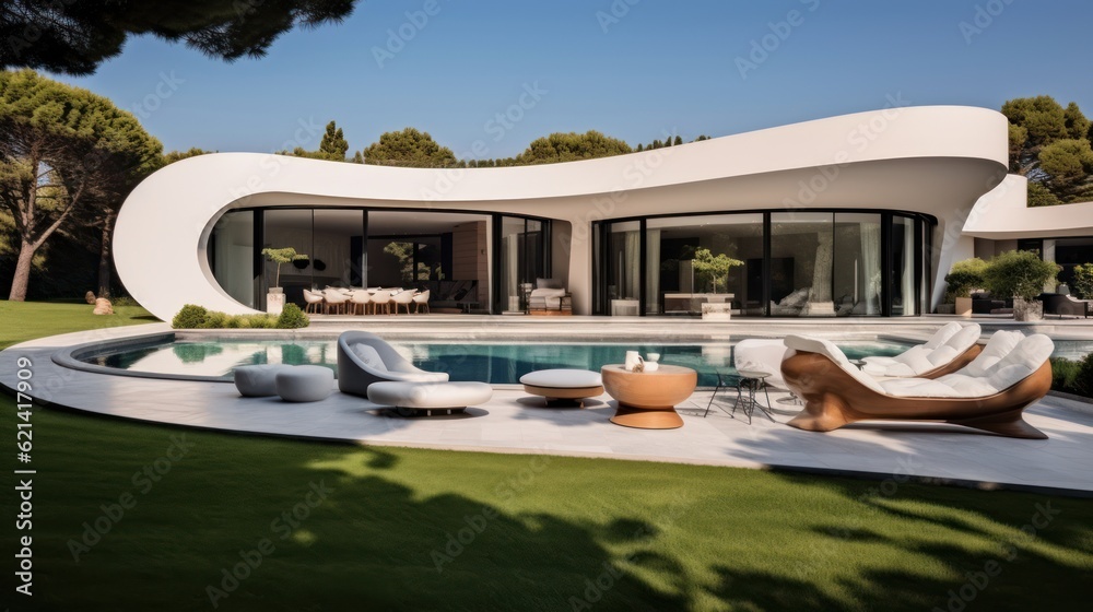 Fototapeta premium Modern villa that seamlessly blends Italian architectural elements with contemporary design, incorporating features such as arched windows, terracotta accents, and a sleek minimalist aesthetic