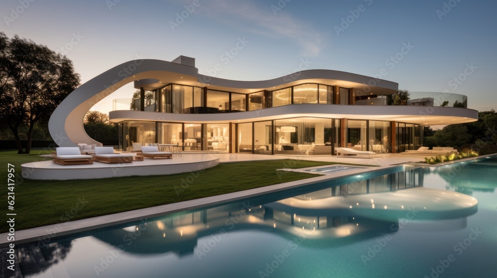 Fototapeta premium Modern villa that seamlessly blends Italian architectural elements with contemporary design, incorporating features such as arched windows, terracotta accents, and a sleek minimalist aesthetic