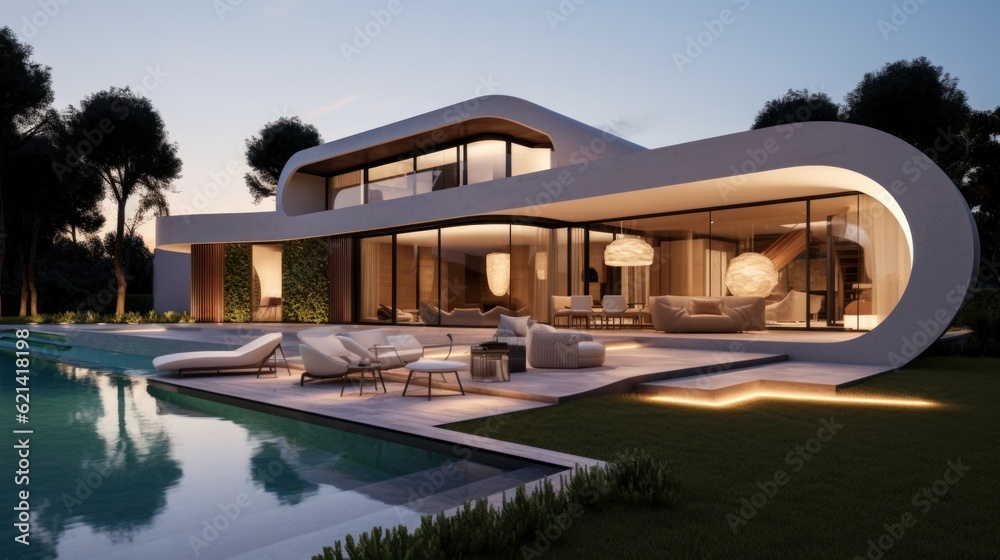 Modern villa that seamlessly blends Italian architectural elements with contemporary design, incorporating features such as arched windows, terracotta accents, and a sleek minimalist aesthetic