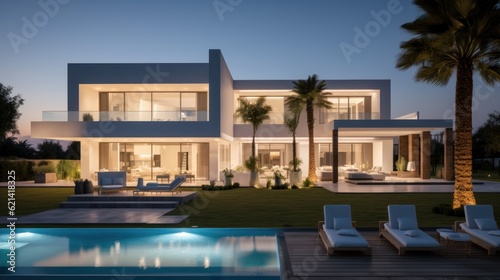 Modern villa that seamlessly blends Italian architectural elements with contemporary design  incorporating features such as arched windows  terracotta accents  and a sleek minimalist aesthetic