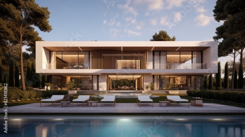Modern villa that seamlessly blends Italian architectural elements with contemporary design, incorporating features such as arched windows, terracotta accents, and a sleek minimalist aesthetic