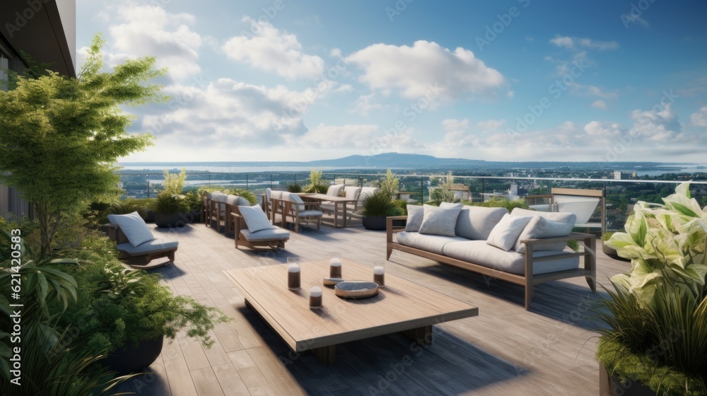 Fototapeta premium Spacious rooftop terrace that offers breathtaking panoramic views of the surrounding landscape. Include comfortable seating, a barbecue area, and lush greenery to create a perfect space for relaxation