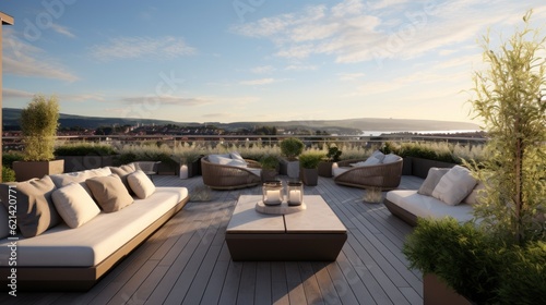 Spacious rooftop terrace that offers breathtaking panoramic views of the surrounding landscape. Include comfortable seating, a barbecue area, and lush greenery to create a perfect space for relaxation