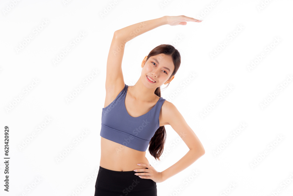 Portrait beautiful young asian woman stretching hands or arms for exercise yoga and relax isolated on white background, female workout training for muscle strong, sport and health care concept. Portrait beautiful young asian woman stretching hands or arms for exercise yoga and relax isolated on white background, female workout training for muscle strong, sport and health care concept.