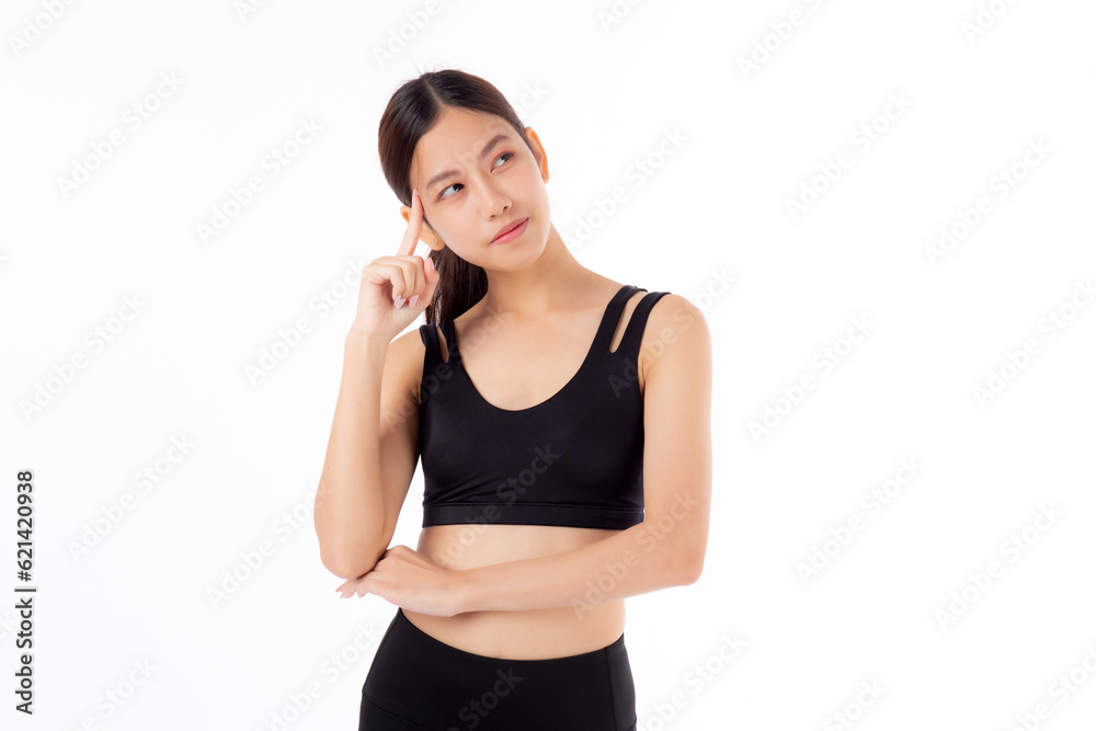 Portrait of beautiful young asian woman in sportwear smile and thinking isolated on white background, sport and exercise for health and weightloss, female and slimming with confident and wellness. Portrait of beautiful young asian woman in sportwear smile and thinking isolated on white background, sport and exercise for health and weightloss, female and slimming with confident and wellness.