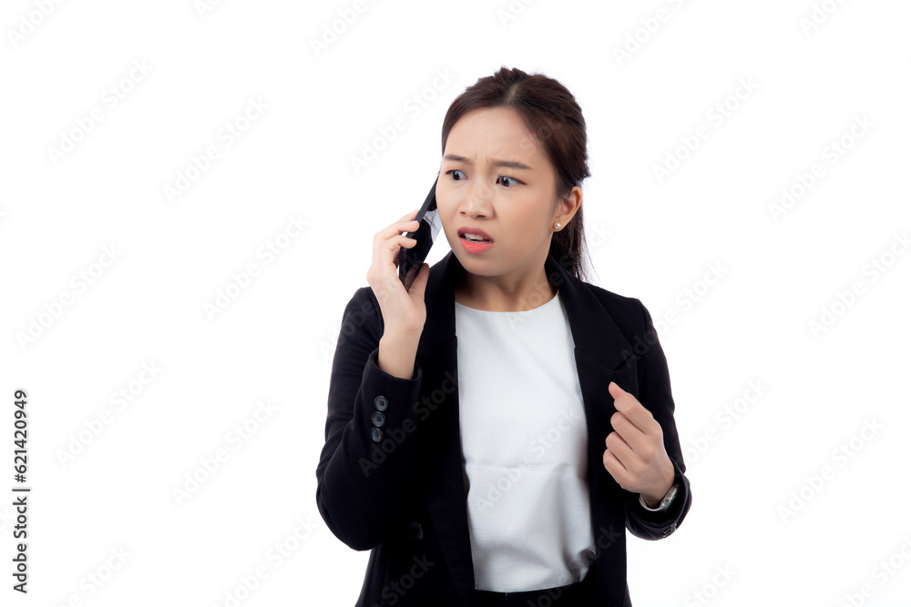 Portrait young asian businesswoman talking and shout with annoyed calling on smart phone isolated on white background, business woman shout and stress with anger, communication and emotion concept. Portrait young asian businesswoman talking and shout with annoyed calling on smart phone isolated on white background, business woman shout and stress with anger, communication and emotion concept.