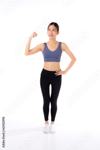 Portrait of beautiful young asian woman in sportwear showing strong muscles isolated on white background  sport and exercise for health  training and strength  female slimming with confident.