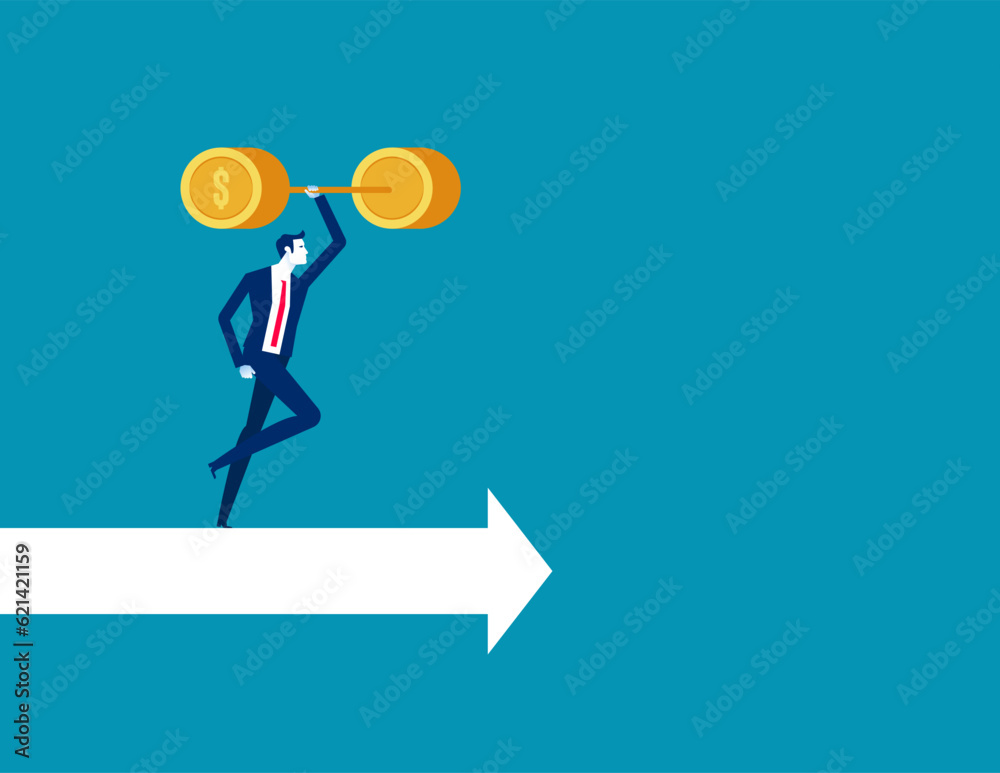 Leader lifting weights and moving on arrow. Business vector illustration Leader lifting weights and moving on arrow. Business vector illustration