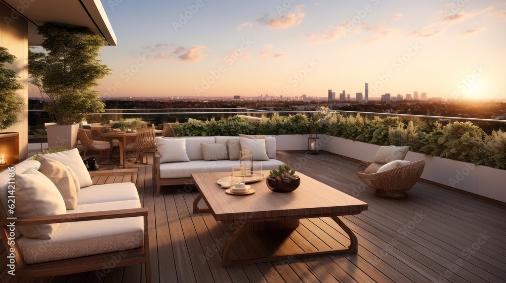 Fototapeta premium Spacious rooftop terrace that offers breathtaking panoramic views of the surrounding landscape. Include comfortable seating, a barbecue area, and lush greenery to create a perfect space for relaxation