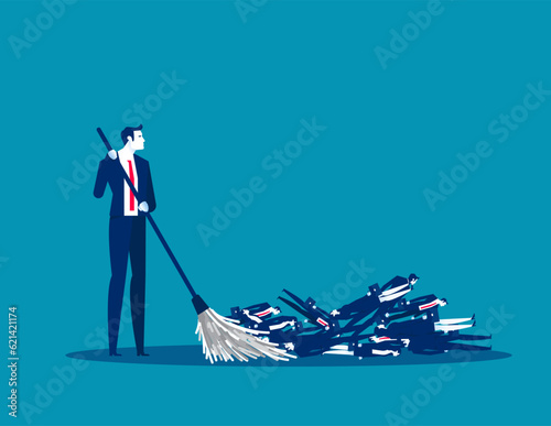 Brooms to remove fired employee. Business layoffs vector illustration