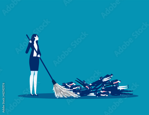 Brooms to remove fired employee. Business layoffs vector illustration