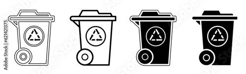 Black and white illustration of a trash bin. Trash bin icon collection with line. Stock vector illustration.