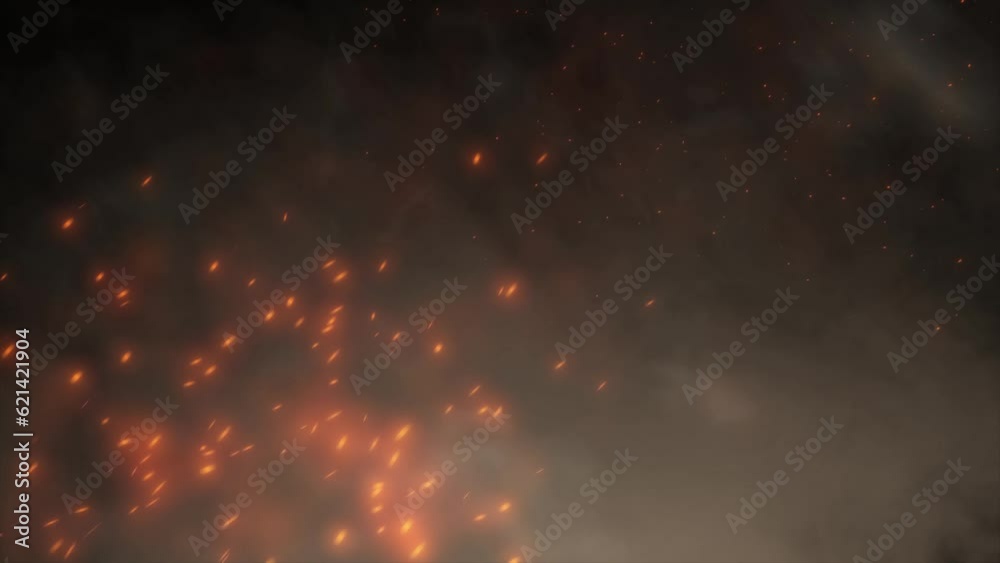 Firestorm texture. Bokeh lights on black background, shot of flying fire sparks in the air. fire effect intro