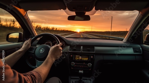 driver in a car on a bridge at sunset generative ai