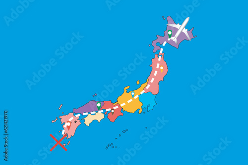 map of location of Japan with planes flying over its territory towards the destination vector illustration