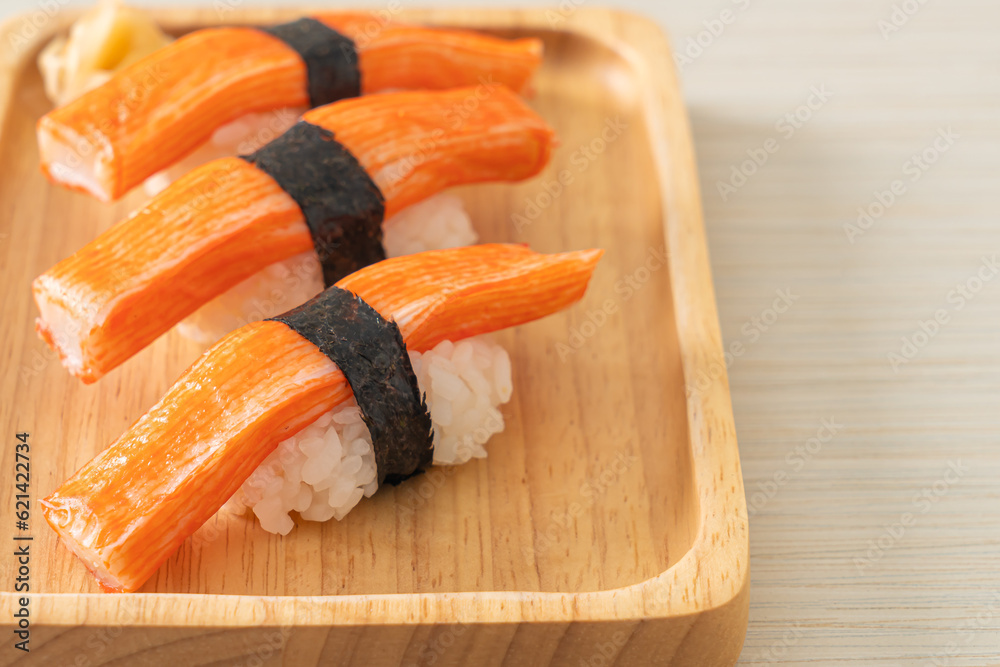 Crab Stick Sushi on wood plate