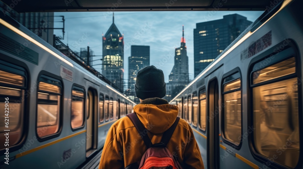 traveler on a train journey through a city generative ai