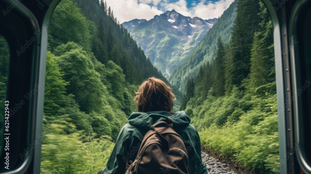 traveler on a train journey through a mountain pass generative ai traveler on a train journey through a mountain pass generative ai