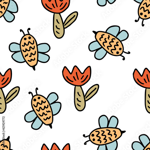 Summer seamless pattern with tulip flowers and bees. Perfect print for tee, paper, textile and fabric. Doodle vector illustration for decor and design.