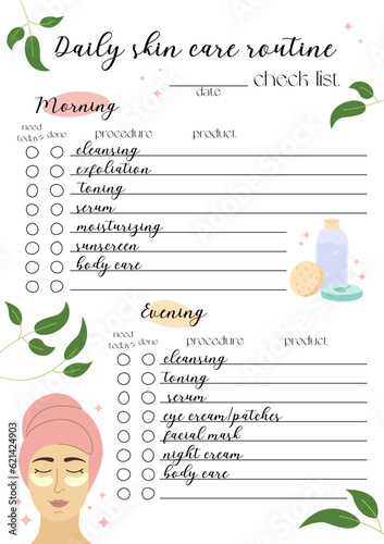 Daily skin care routine check list. Self care to do planner. Vector template with cute hand drawn cosmetics illustrations. Cleansing, exfoliation, moisturizing, serum planning. Printable A5 page