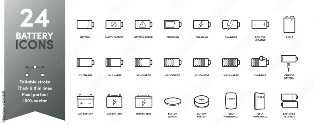 Battery thick and thin line icons. A variety of different batteries ...