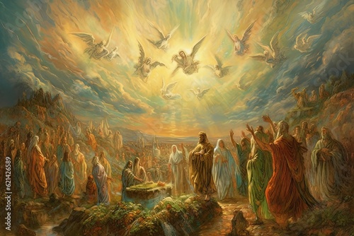 Crowd of Orthodox believers stretches their hands to the angels soaring in heaven AI