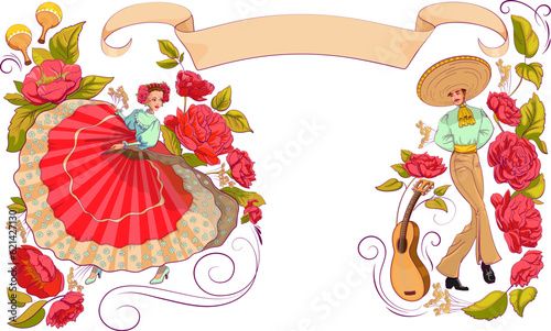Cinco de mayo young woman and young man in mexican national clothes dance