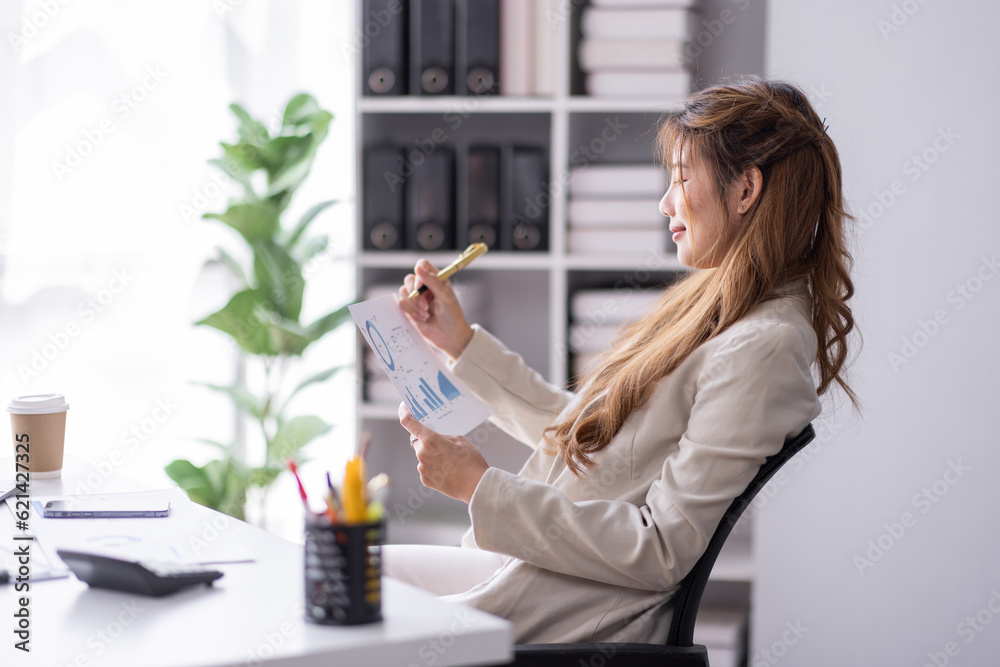 Business Documents, Auditor businesswoman checking searching document legal prepare paperwork or report for analysis TAX time, asian accountant Documents data contract partner deal in workplace office