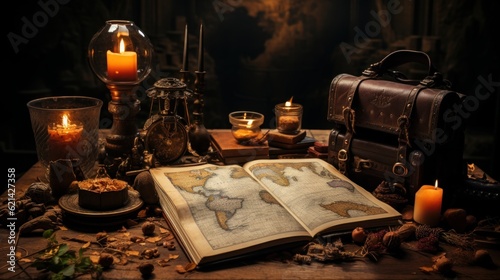 Presentation background, leather table, old map, notebook