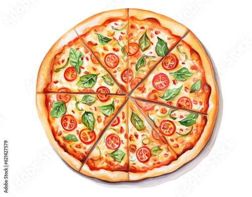 Watercolor illustration of italian pizza isolated on transparent background, top view