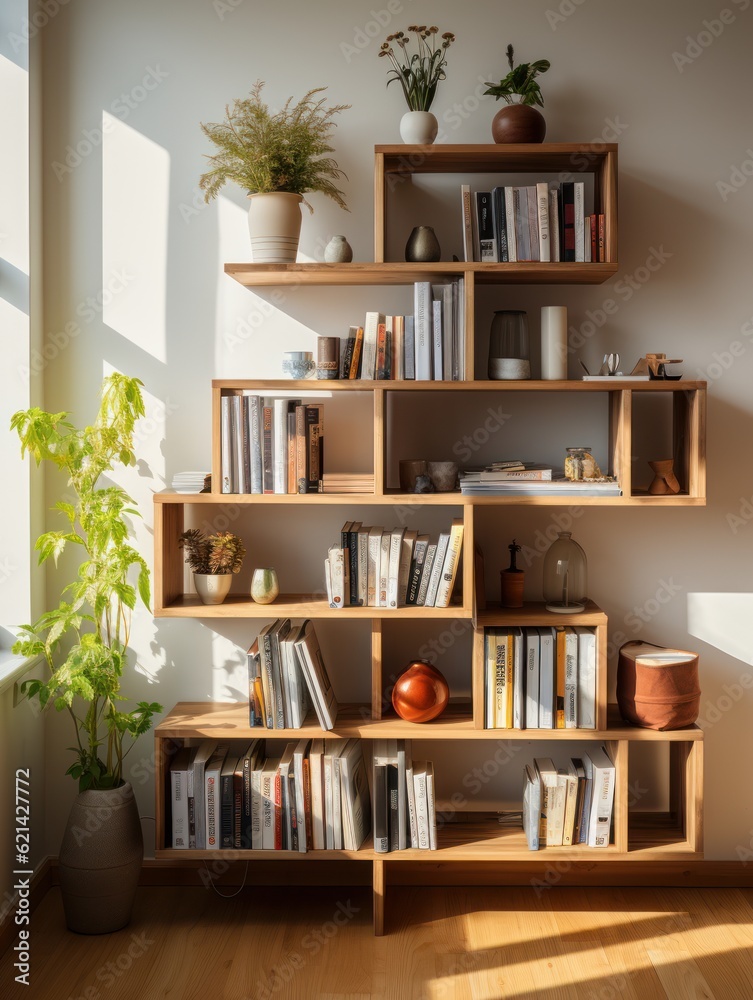 Photoshoot of a minimalist bookshelf made from light wood, 4k, real, cool, stylish, classic Photoshoot of a minimalist bookshelf made from light wood, 4k, real, cool, stylish, classic