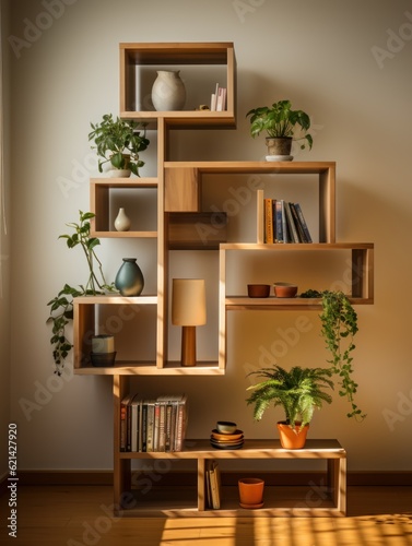 Photoshoot of a minimalist bookshelf made from light wood, 4k, real, cool, stylish, classic