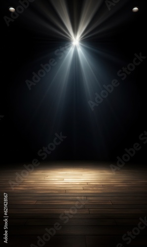 Empty dark stage with spotlight ad wooden floor